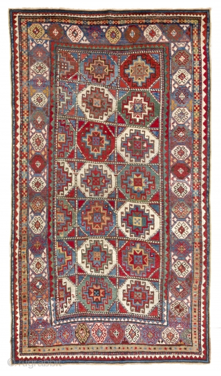 Colorful Antique Moghan Kazak Rug from Caucasian Mountains, second half 19th Century. Generous pile, lustrous lambswool with floppy texture, all natural dyes. Both ends rewoven by one inch (perhaps twenty years ago),  ...