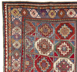 Colorful Antique Moghan Kazak Rug from Caucasian Mountains, second half 19th Century. Generous pile, lustrous lambswool with floppy texture, all natural dyes. Both ends rewoven by one inch (perhaps twenty years ago),  ...