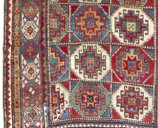 Colorful Antique Moghan Kazak Rug from Caucasian Mountains, second half 19th Century. Generous pile, lustrous lambswool with floppy texture, all natural dyes. Both ends rewoven by one inch (perhaps twenty years ago),  ...