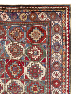 Colorful Antique Moghan Kazak Rug from Caucasian Mountains, second half 19th Century. Generous pile, lustrous lambswool with floppy texture, all natural dyes. Both ends rewoven by one inch (perhaps twenty years ago),  ...