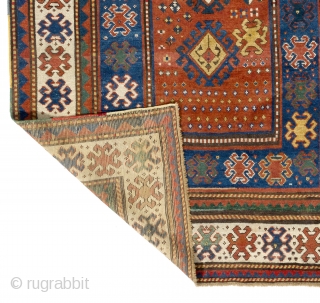 Antique Caucasian Kazak Rug, 4.9 x 8 Ft (144x240 cm), Ca 1850, found in British countryside.

high resolution image of it: 
https://drive.google.com/file/d/0Bz7Alnbetq5uUnBKSzhkM0JRLXM/view?usp=sharing

some more antique rugs in stock:
https://drive.google.com/file/d/0Bz7Alnbetq5uUnBKSzhkM0JRLXM/view?usp=sharing       