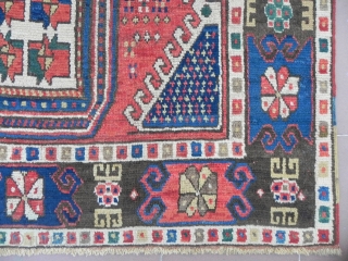 Early Caucasian Kazak Rug, 86x57 inches, Splendid Colors and a rare design with elements of various weaving areas in the Caucasian Mountains, lustrous wool pile on wool foundation, floppy handle, nice and  ...