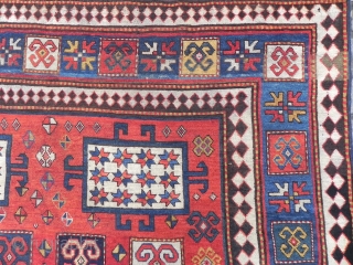 Large&Powerful Antique Caucasian Karatchoph Kazak Rug, 6x7.8 ft (183x238 cm), mid 19th Century, undyed ivory warps and indigo dyed blue wefts (Kazak rugs with this design are also called Karachop, Karachov, Karatchopf,  ...