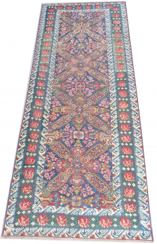 A Fantastic Antique Caucasian Seichur Runner with St Andrews crosses, roses and great colors, 110x350 cm (43x138 inches), 19th century.             