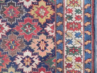 just in! An out of this world Caucasian Kuba Star&Rosette Runner (snowflakes?), wonderful colors, good original condition as found, fresh from a US Estate, 3.6 x 13.5 ft (110x412 cm), mid 19th  ...