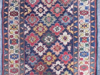 just in! An out of this world Caucasian Kuba Star&Rosette Runner (snowflakes?), wonderful colors, good original condition as found, fresh from a US Estate, 3.6 x 13.5 ft (110x412 cm), mid 19th  ...