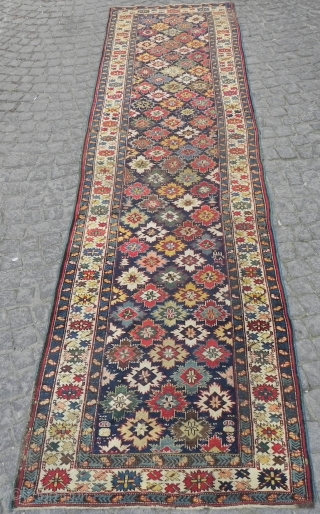 just in! An out of this world Caucasian Kuba Star&Rosette Runner (snowflakes?), wonderful colors, good original condition as found, fresh from a US Estate, 3.6 x 13.5 ft (110x412 cm), mid 19th  ...