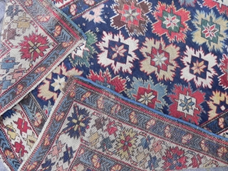 just in! An out of this world Caucasian Kuba Star&Rosette Runner (snowflakes?), wonderful colors, good original condition as found, fresh from a US Estate, 3.6 x 13.5 ft (110x412 cm), mid 19th  ...