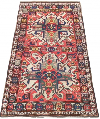 Caucasian Karabagh Chelaberd Rug, so called Eagle Kazak, 4.5x7.7 ft, mid 19th century, stock no: 2011171, full pile, original ends and sides. www.rugspecialist.com          