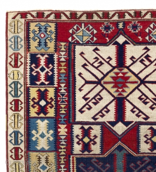 Exceptional and colorful North East Caucasian Kuba pile Rug with Kilim Design, 3.8 x 4.9 Ft (112x145 cm). ca 1890. Good condition, original as found, not reduced, cut or such.   