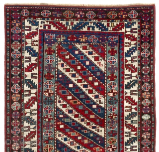 South Caucasian long Rug with diagonal stripes, 3.8 x 7.1 Ft  (112x217 cm), late 19th Century.                