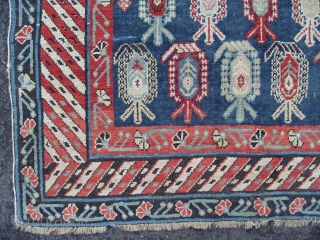 A Caucasian Kuba Long Rug with lots of botehs on a beautiful blue ground, ca 1900, very good condition, all original, 108x46 inches (273x116 cm). www.rugspecialist.com       