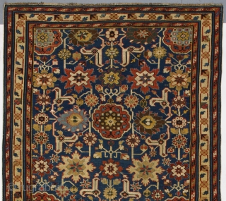 Afshan Kuba long rug from NE Caucasus, 4.3 x 10 Ft (128x298 cm), ca 1800. Provenance: a private collection in England.            