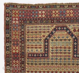 Yellow ground Shirvan Prayer Rug with an unusual design.  3.5 x 5 Ft (104x150 cm). late 19th Century.              