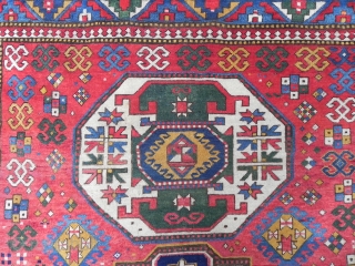 An Early Caucasian Lori Pambak Kazak Rug with ivory wefts, 6.8x5.4 ft (207x165 cm). Striking colors, powerful design!, good size.             