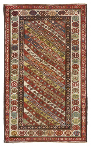Colorful Caucasian Gendje Rug with diagonal stripes, 4 x 6.8 ft (119x203 cm), ca 1890                  