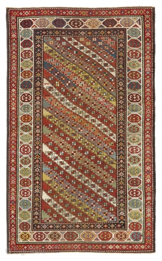 Colorful Caucasian Gendje Rug with diagonal stripes, 4 x 6.8 ft (119x203 cm), ca 1890                  