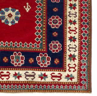 Unique Antique Kazak prayer rug, dated 1870. 4x6 Ft. (120x184 cm).  Wonderful natural dyed colors including purple, two blues, two greens, red, ivory and yellow. Lustrous wool pile, good condition. 14  ...