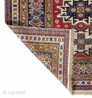 Antique Caucasian Chi Chi Rug with Lesghi Stars (or a Lesghi Rug with Chi Chi border?). 4x6.3 Ft (120x190 cm), ca 1890-1900. Original braided ends, sides and foundation, minor insignificant repiling on  ...