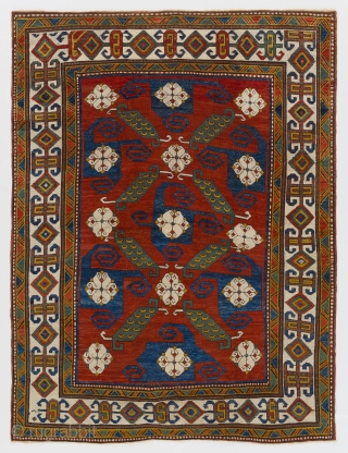 An Impressive Pinwheel or so called "Swastika" Kazak Rug. Southwest Caucasus, ca 1880, 5'8" x 7'5"  (172x225 cm). Provenance: A private British collection. Condition: Entire foundation of the rug is original  ...