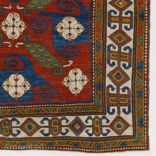 An Impressive Pinwheel or so called "Swastika" Kazak Rug. Southwest Caucasus, ca 1880, 5'8" x 7'5"  (172x225 cm). Provenance: A private British collection. Condition: Entire foundation of the rug is original  ...