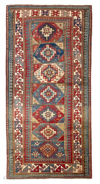 Colorful South Caucasian Moghan long Rug, 4 x 7.7 ft (120x240 cm), ca 1890,  full pile.                