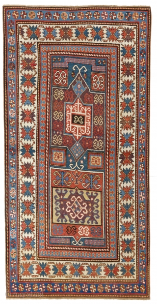 Antique Caucasian Kazak Rug, 124x246 cm (4.1 x 8 Ft), ca 1860.                     