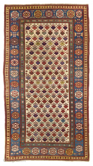 Colorful Antique Gendje Rug on Ivory ground, Southern Caucasus, ca 1880, 4.1 x 7.6 Ft  (125x230 cm)               