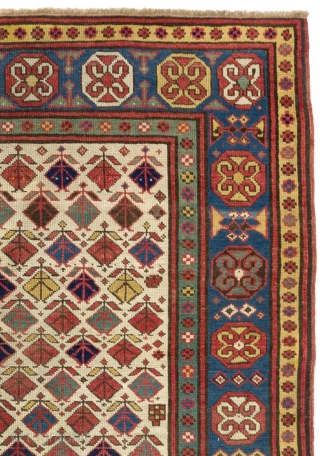 Colorful Antique Gendje Rug on Ivory ground, Southern Caucasus, ca 1880, 4.1 x 7.6 Ft  (125x230 cm)               