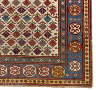 Colorful Antique Gendje Rug on Ivory ground, Southern Caucasus, ca 1880, 4.1 x 7.6 Ft  (125x230 cm)               