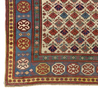 Colorful Antique Gendje Rug on Ivory ground, Southern Caucasus, ca 1880, 4.1 x 7.6 Ft  (125x230 cm)               