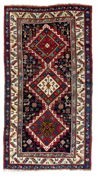 Antique Shahsavan Rug, South Caucasus, ca late 19th Century, 4.1 x 7.8 ft (126x234 cm). Excellent condition, all original, no repairs, no issues, full pile, soft lustrous lambswool, all natural dyes, dark  ...