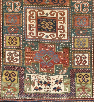 An impressive green ground Karachov (Karachop) Kazak Rug, 4.2 x 8.7 ft  (126x262 cm),  ca 1875.               