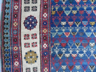 Antique Southeast Caucasian Talish long Rug with classic repeating rosette  and dice design border, 3.8 x 7.10 ft (116 x 244 cm), ca 1875, Full Pile, lustrous wool and saturated colors,  ...