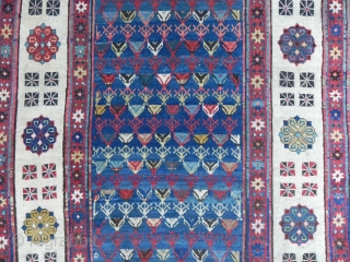 Antique Southeast Caucasian Talish long Rug with classic repeating rosette  and dice design border, 3.8 x 7.10 ft (116 x 244 cm), ca 1875, Full Pile, lustrous wool and saturated colors,  ...