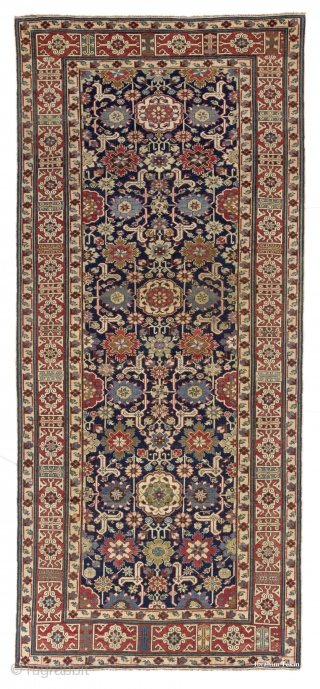 Exceptional Antique Afshan Kuba long Rug with kufic border, Northeast Caucasus, first half 19th century, 
127x284 cm (4'2" x 9'4"). Please contact for more info.        