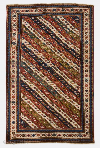 Antique Caucasian Karabagh Kazak Rug with colorful diagonal stripes. 
4.6x7.1 Ft (138x217 cm, inventory no: 4324). Ca late 19th Century, good original condition.          
