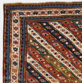 Antique Caucasian Karabagh Kazak Rug with colorful diagonal stripes. 
4.6x7.1 Ft (138x217 cm, inventory no: 4324). Ca late 19th Century, good original condition.          