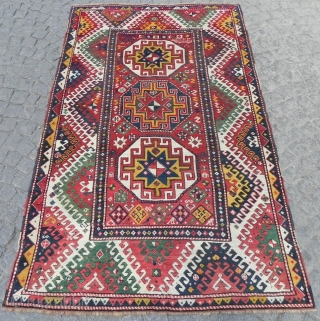 Antique Caucasian Bordjalou Kazak Rug with classic zig zag border, Great Colours, 7.10 x 4.10 ft (239x152 cm), Dated 1322 (1904 AD).  
         