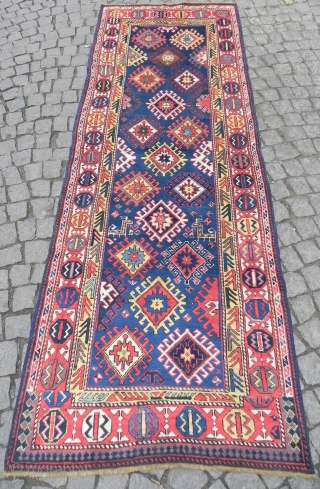 A Distinctive Antique Caucasian Kazak Runner with beautiful colors and soft lustrous wool, 3.4x9.4 ft (104x287 cm), late 19th century.             