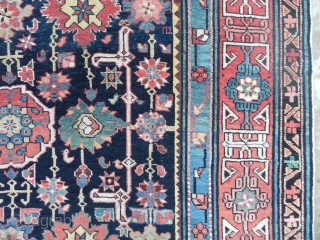 Antique Caucasian Afshan Kuba (Blossom) Rug, 5.10 x 7.9 ft (183x240 cm), navy blue field framed by a red kufic border, good medium pile throughout, dates from 3rd quarter 19th century.  