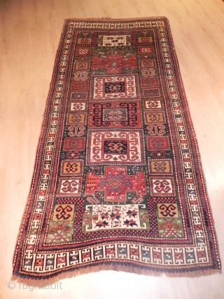 Antique green field Caucasian KARACHOPT Kazak Rug, 4.2 x 8.1 ft (128x247 cm), ca 1875, very good original condition, no repairs, would benefit from a light wash. (also called Karachov, Karatchoph, Karatchopf  ...