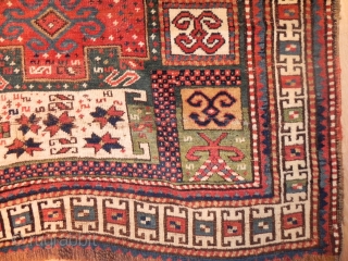 Antique green field Caucasian KARACHOPT Kazak Rug, 4.2 x 8.1 ft (128x247 cm), ca 1875, very good original condition, no repairs, would benefit from a light wash. (also called Karachov, Karatchoph, Karatchopf  ...