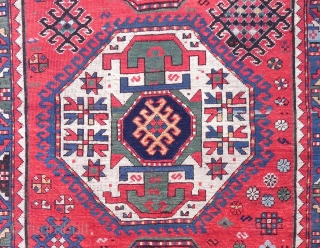 Large Caucasian triple medallion Kazak Rug, 257x143 cm, excellent condition, original ends and sides, late 19th century.                