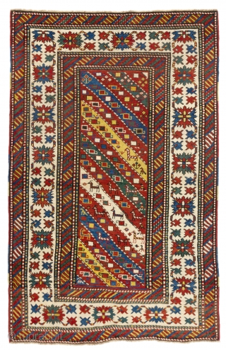 Antique Caucasian Gendje Rug, 132x206 cm (4'4" x 6'10"), ca late 19th Century. Very good condition, all natural dyes, original as found, no issues, no repairs. 
      