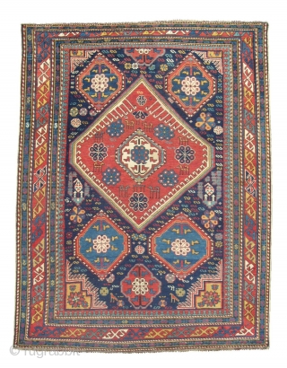 Shirvan Baku Rug, 5.2 x 3.10 (157x121 cm), dazzling colours and dynamic design, very good condition, original ends and sides, even medium pile. late 19th century. www.rugspecialist.com      