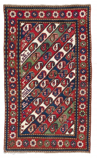 Antique Caucasian Gendje Rug with 52 Botehs in diagonal stripes but how many flowers?   4'4" x 7'3"  (133x220 cm), no 513         