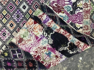 Antique Sardinian textiles from Oristano area in line and wool,most probably a chest cover,partially worn,a hole but still beautiful and rare.Cm.75x250.            