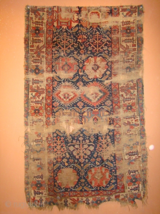 Early Kurdish rug Fragment. As found, needs a good bath. 39X65 Inches. 100X165 Cm.                   