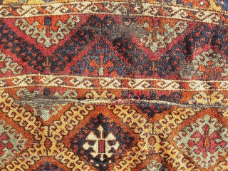 Anatolian Kurdish Yoruk rug. 50X79 Inches... 127X201 Cm. All intact with braided ends. Mostly good pile, some wear, dirty with washable stain and a crease cut as shown.     